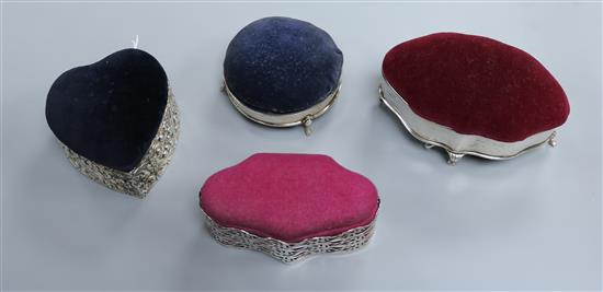 Four various silver-mounted trinket boxes with pin cushion tops, W 13cm (largest)